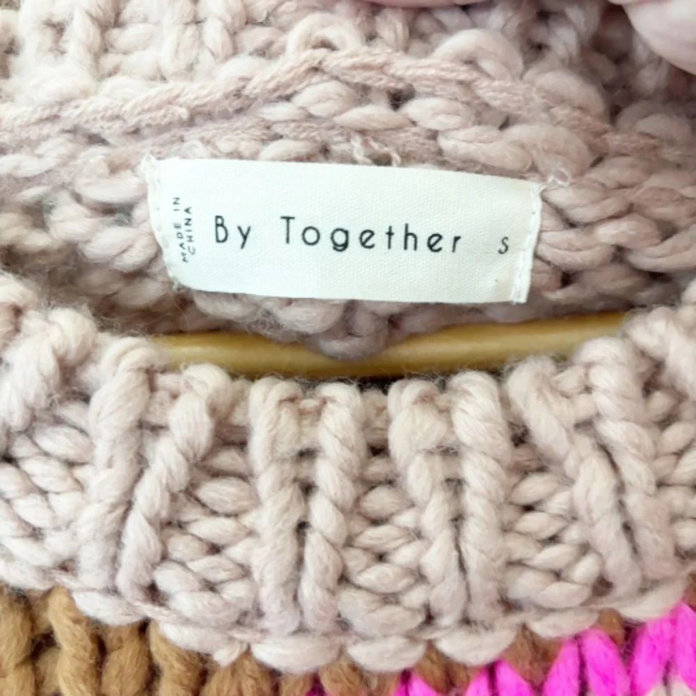 By Together hot pink brown striped chunky knit crewneck sweater Size Small‎